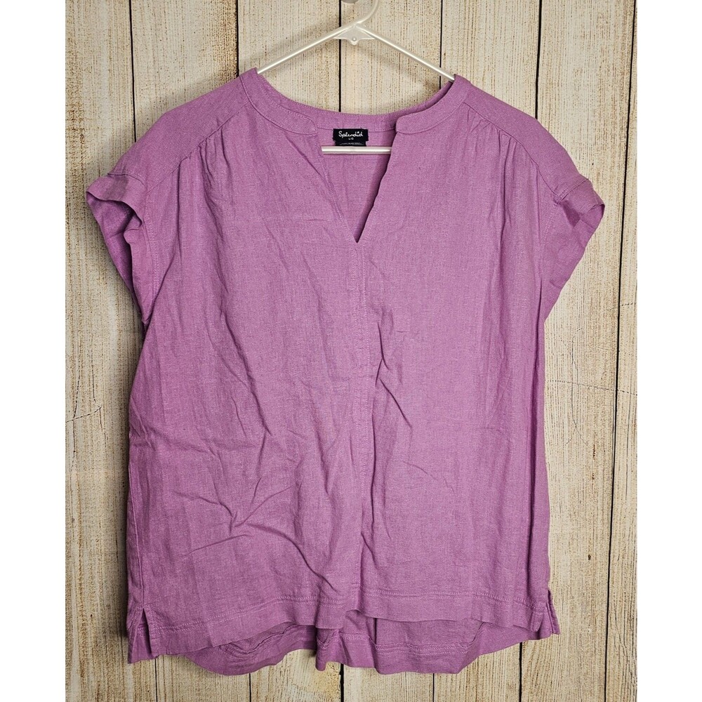 Splendid Linen Blend Top Women Large Purple Pink Short Sleeve Popover Blouse